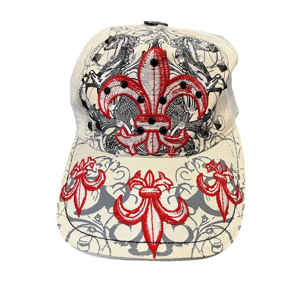 Tiger Fleur De Lis Trucker Hat Unisex OS White Red Rhinestone Studded Y2K Cap